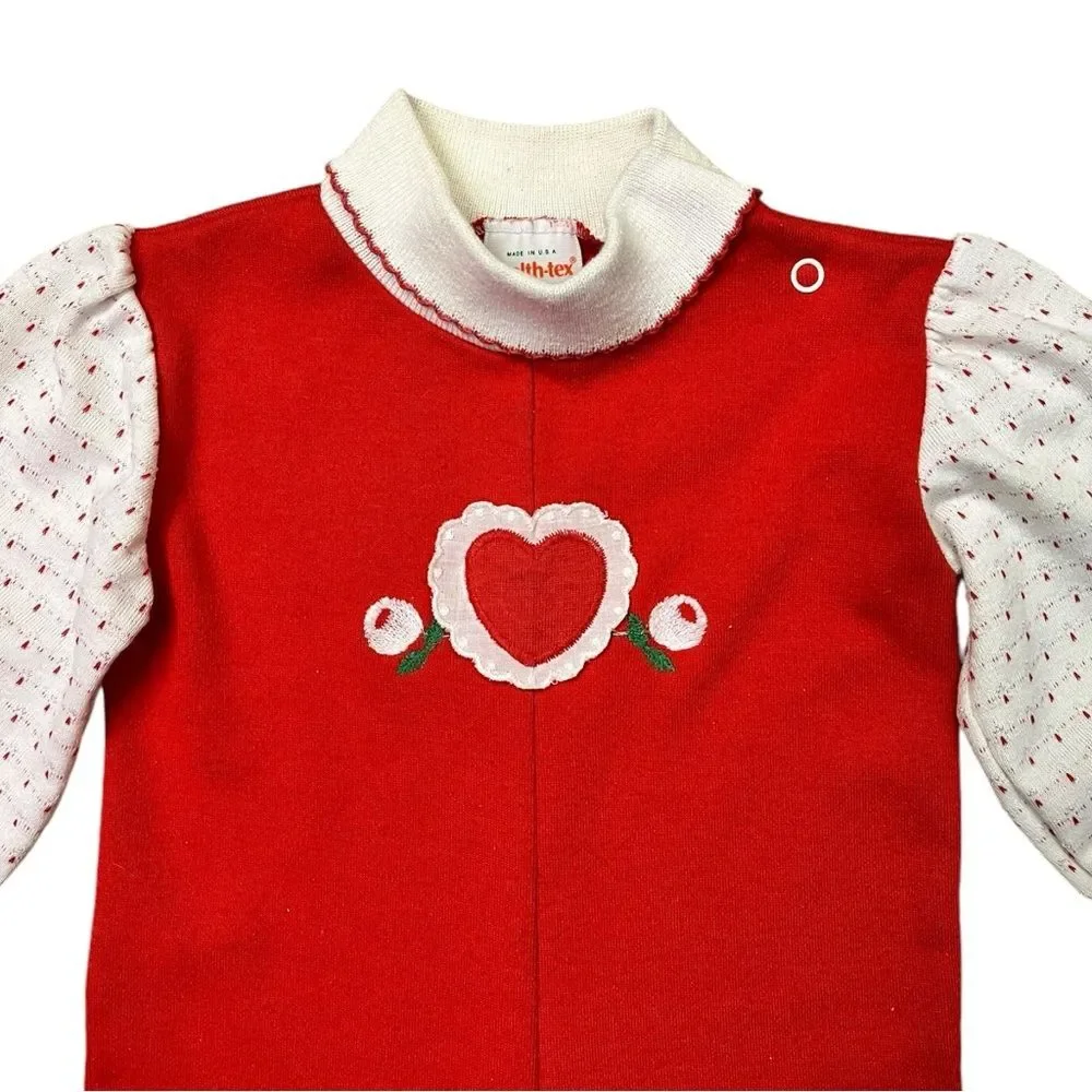 Vintage Health-Tex One Piece Romper 24 Months Red Heart‎ Lace Snaps Long Sleeve